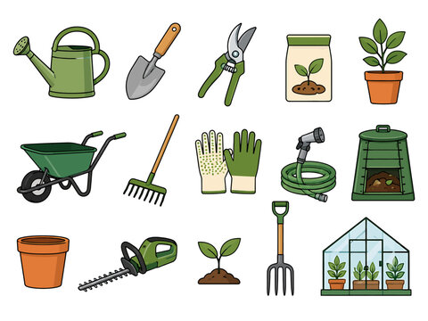 Garden equipment collection featuring essential agricultural implements and tools for planting maintaining flowers or vegetables in your backyard greenhouse or community allotment during the
