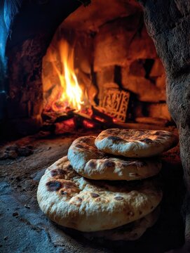 Traditional Georgian Shotis Puri Baking in a Tone Oven with Rustic Clay Walls