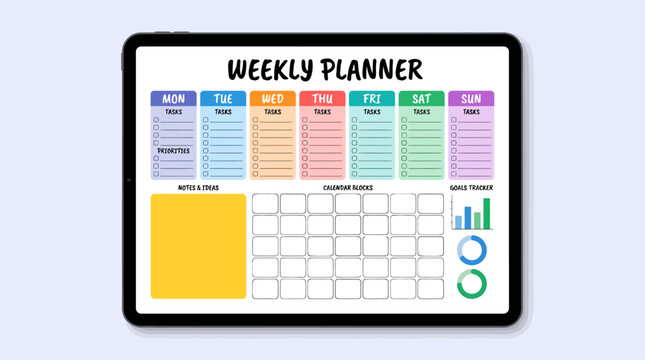 Colorful weekly planner organizer dashboard template containing task lists habit tracker grids and priorities blocks layout
