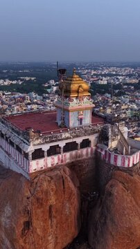 Vertical Aerial View of Rockfort Temple and Tiruchirappalli City Tamil Nadu India