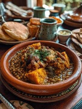 Traditional Moroccan Rfissa with Chicken and Lentils on a Steaming Platter