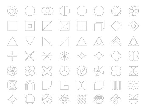 A vast collection of geometric line art symbols and mathematical patterns displays various basic shapes including triangles squares circles and polygons organized into a comprehensive grid of