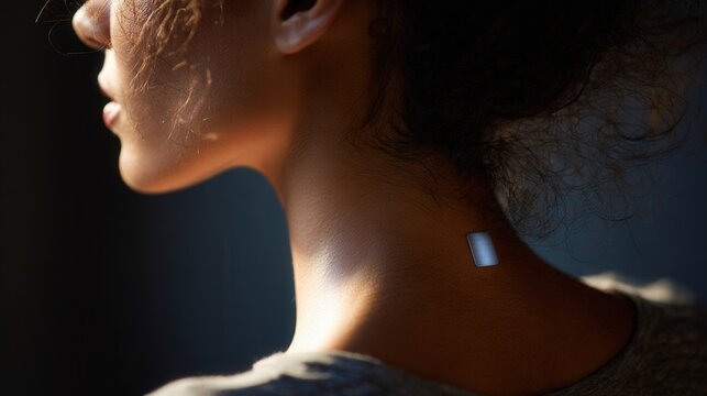 Young woman neck with patch glowing soft studio profile shot shows metallic health tracking patch adhered to upper neck, warm rim light, minimalist styling, closeup portrait conveying calm selfcare,