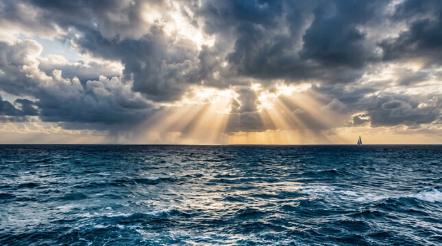 Opulent Deep Blue Ocean Horizon Under Dramatic Sky With Radiant God Rays And Seascape Photography