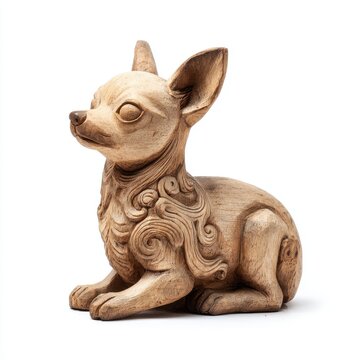 Ornate Tan Chihuahua Dog Sculpture Detailed Swirls Isolated White Background Studio Lighting