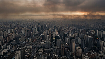 Obraz premium Dense Urban Sprawl Fading into Endless Horizon Powerful Aerial Cityscape Architecture Background Image