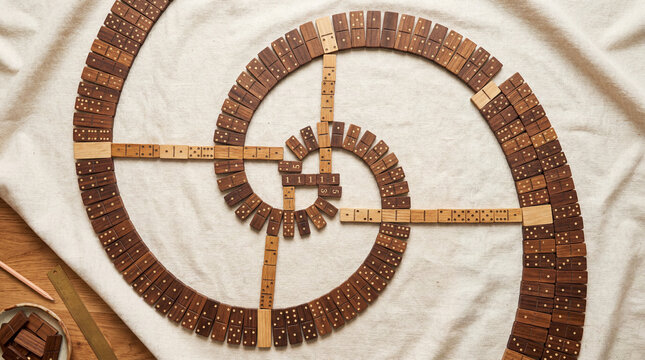 Fibonacci Spiral Domino Arrangement Shot from Above for Mathematical Pattern Art and Creative Design Prints
