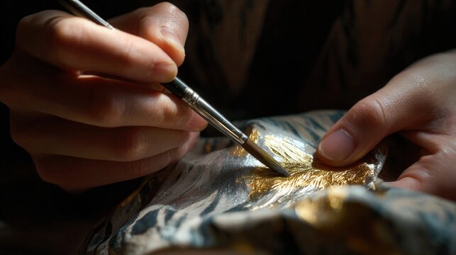 Hands embellishing fabric with gold leaf on patterned textile, couture atelier setting, careful brushwork and tactile layering, luxurious shimmer on cloth, seamstress focus and intimate closeup