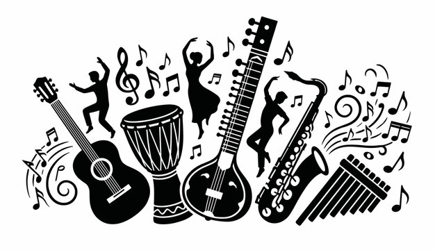 Black silhouette World Music Day vector design featuring dancing people figures, acoustic guitar, sitar, saxophone, drum, and floating music notes.
