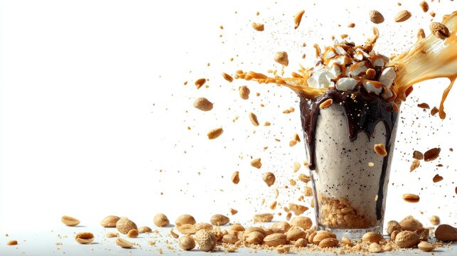 Milkshake explosion with peanuts dynamic food photography on white background