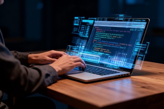 Person typing code on laptop with digital overlay