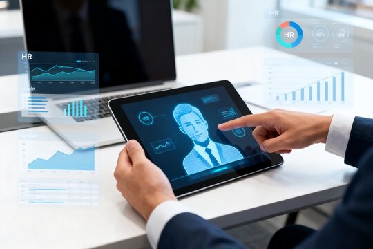 Business professional interacting with digital avatar on tablet