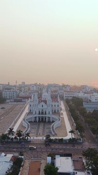 Vertical Aerial View of Basilica of Our Lady of Good Health Velankanni Tamil Nadu India