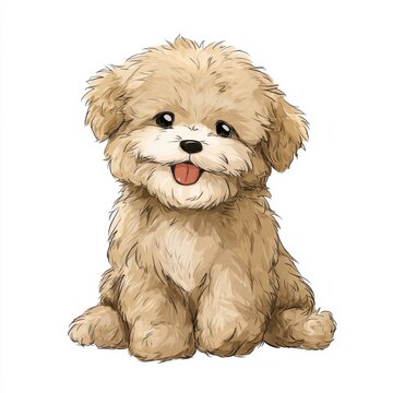 Adorable Fluffy Tan Teddy Bear Dog Sitting Happy Expression Tongue Out White Background
