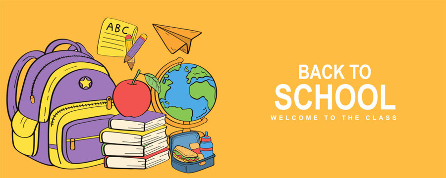Welcome back to school cover set with little school children. backpacks and school supplies for learning Trendy modern vector illustration isolated on colorful background, hand drawn