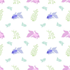 Fototapeta premium Seamless underwater pattern with marine creatures in cartoon graphic style . Flat ocean background with coral, aquatic animals, and reef life. Perfect design for sea themes, summer textiles, and