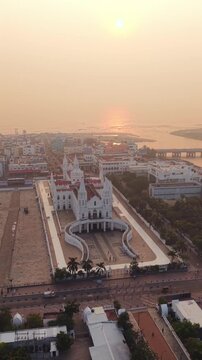 Vertical Aerial View of Basilica of Our Lady of Good Health Velankanni Tamil Nadu India