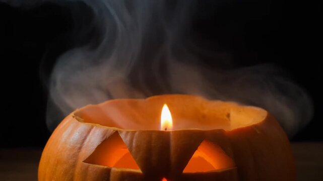 Pumpkin Carving Scene with Candlelit Steam in Dim Setting