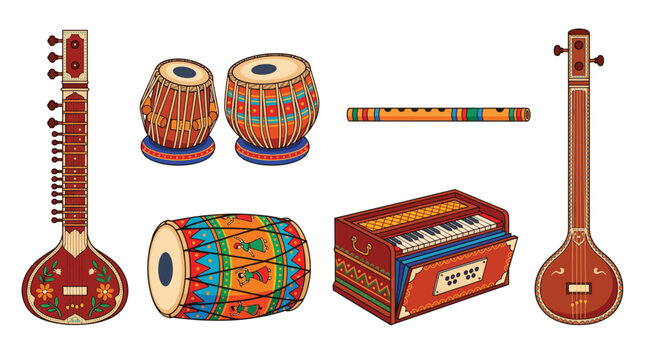 Classical indian musical instruments set with sitar and tabla