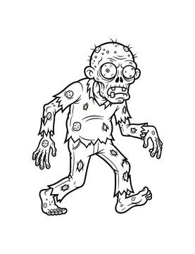 Grotesque zombie character with torn clothes and unkempt appearance, walking with a vacant stare