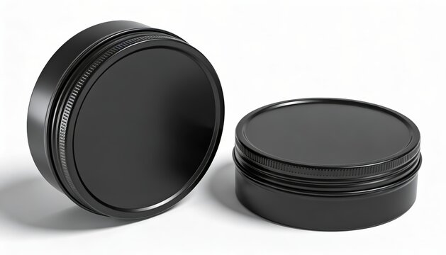 Black Round Metal Cosmetic Tins Isolated on White Background