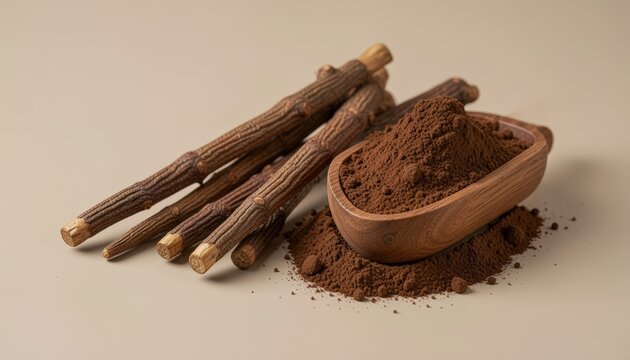 Tongkat Ali Herbal Root Sticks with Natural Powder in Bowl
