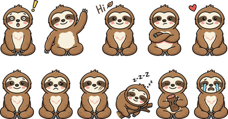 Fototapeta premium Cute Cartoon Sloth Character Emoji Set with Different Expressions Showing Happy Sad Sleeping and Angry Face Icons