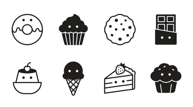 Dessert Icons: Donut, Cupcake, Cookie, Chocolate, Pudding, Ice Cream, Cake Slice