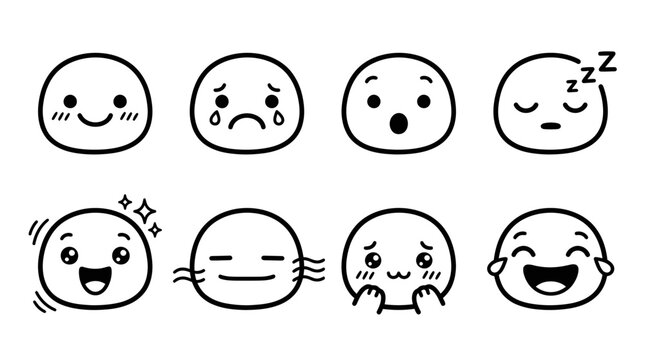Cute Emoticon Faces Set: Happy, Sad, Surprised, Sleepy, Excited, Bored, Shy, Laughing
