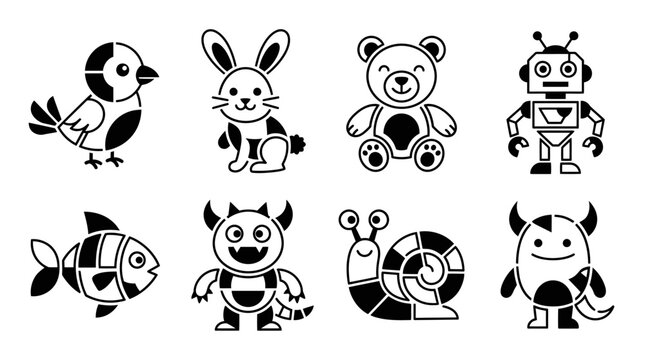 Cute Character Icons Set: Bird, Bunny, Bear, Robot, Fish, Monsters, Snail