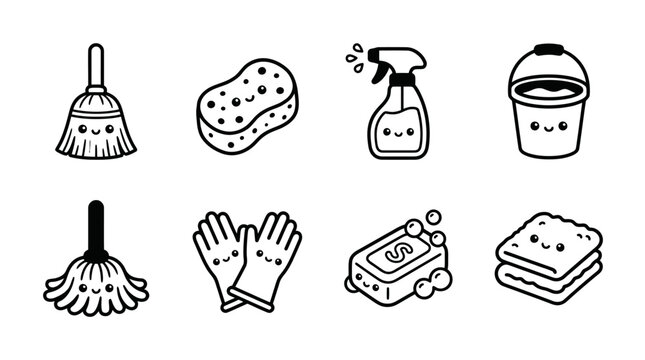 Cute Kawaii Cleaning Supplies Icons Set: Broom, Mop, Sponge, Gloves, Soap, Bucket