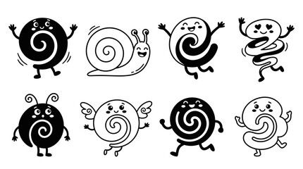 Cute Spiral Characters Set: Funny cartoon snails, happy swirls, playful creatures © Labib