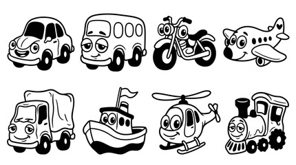 Cute Cartoon Vehicles Collection - Car, Bus, Motorcycle, Airplane, Truck, Boat, Helicopter, Train © Labib