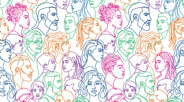Continuous line art seamless pattern of diverse people faces and profiles in colorful overlapping vector design for community backgrounds
