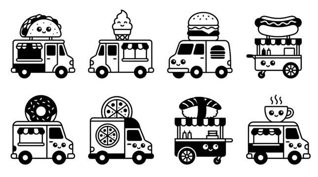Cute Kawaii Food Trucks: Tacos, Ice Cream, Burgers, Pizza, Sushi, Donuts, Hot Dogs