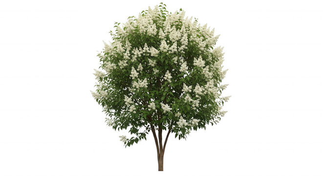 A full, rounded crape myrtle tree with dense green foliage and clusters of small white flowers, isolated against a solid black background