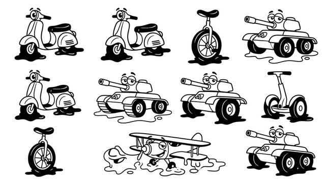 Funny Cartoon Vehicles: Scooters, Tanks, Unicycles, Segway, Biplane