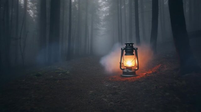 Lantern Guiding Through a Misty Forest Path in Quiet Evening Setting
