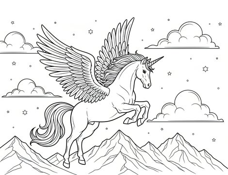 Majestic winged unicorn Pegasus flying over mountain peaks in a starry night sky