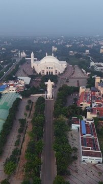 Vertical Aerial View of Morning Star Church and Jesus Statue in Velankanni Tamil Nadu