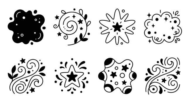 Hand-drawn doodle elements: stars, swirls, splashes, bursts, clouds