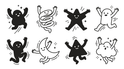 Fototapeta premium Joyful Cartoon Characters Jumping and Dancing - Diverse Shapes