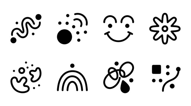 Abstract Doodle Icons: Shapes, Faces, Flowers, Rainbows, Geometric Elements