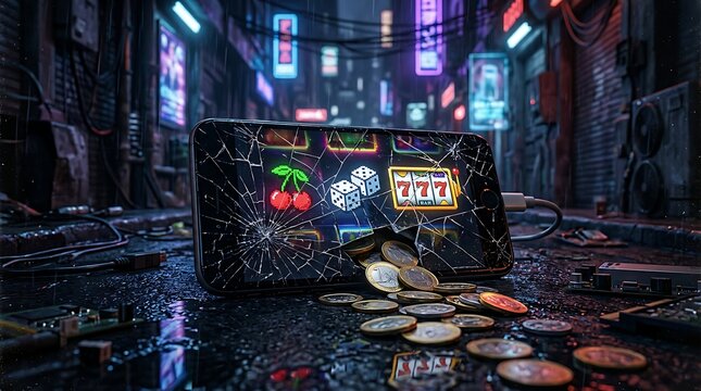 Broken screen shows a losing virtual slot, coins spilled on a dark street in a neon city, highlighting the harsh financial consequences of digital gambling