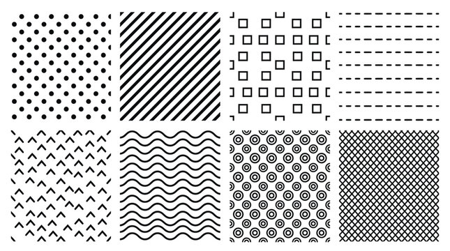 Abstract Geometric Patterns Collection: Dots, Stripes, Squares, Dashes, Angles, Waves, Circles, Grid