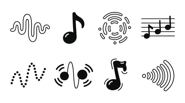 Abstract Music Notes and Sound Waves Vector Icons Set