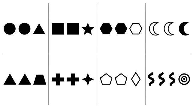 Geometric Shapes and Symbols Collection: Circles, Stars, Moons, and More