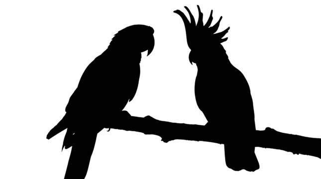 Two black parrots on a branch isolated on transparent background, Vector