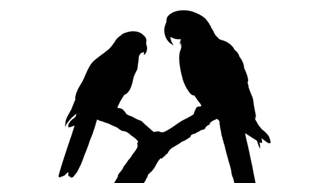 Black silhouette of two parrots on a branch isolated on transparent background, Vector