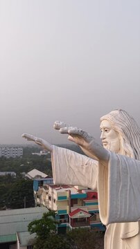 Vertical Aerial View of Morning Star Church and Jesus Statue in Velankanni Tamil Nadu